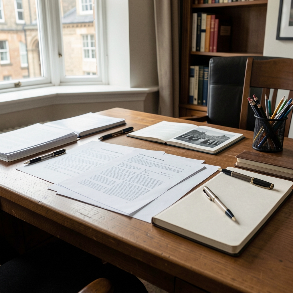 Editorial desk in Edinburgh with printed research notes, notebook and natural daylight