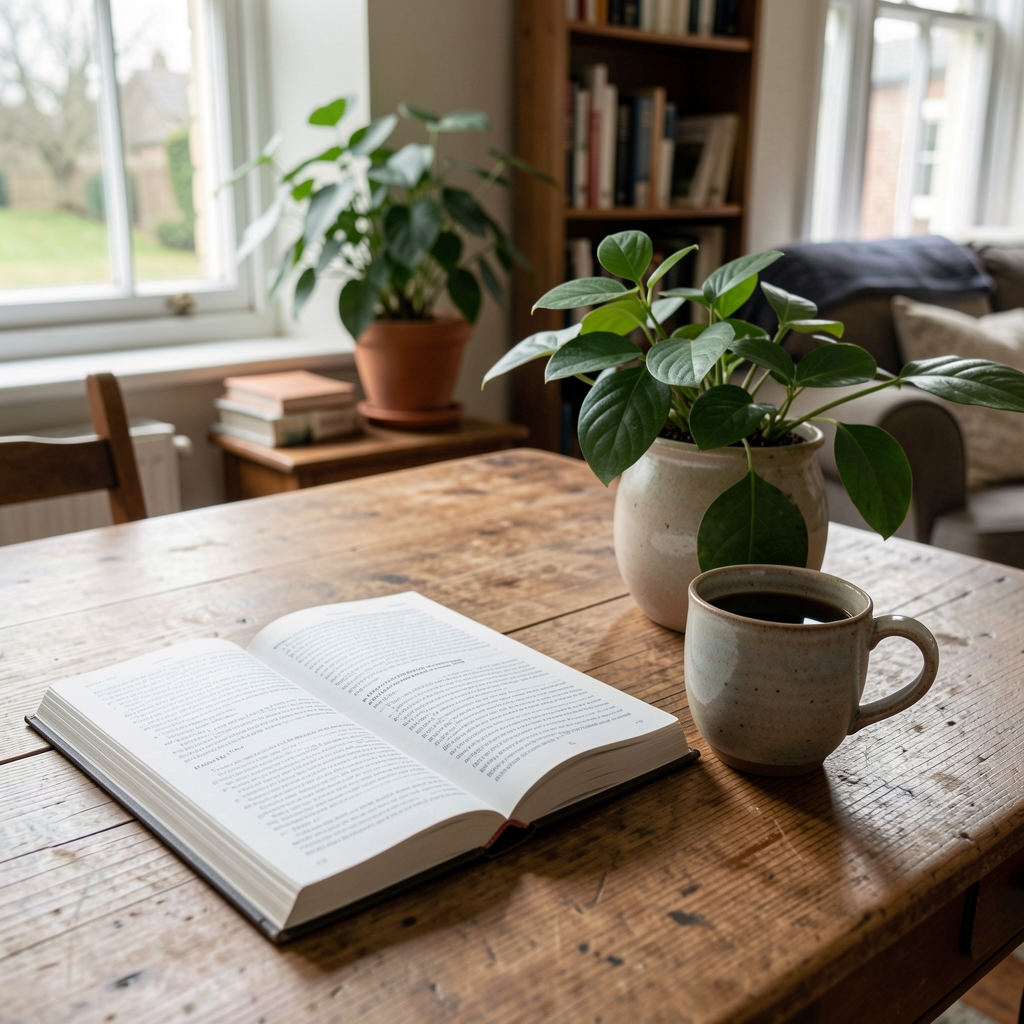 Open health journal beside a ceramic cup and green leaves in a calm Edinburgh home