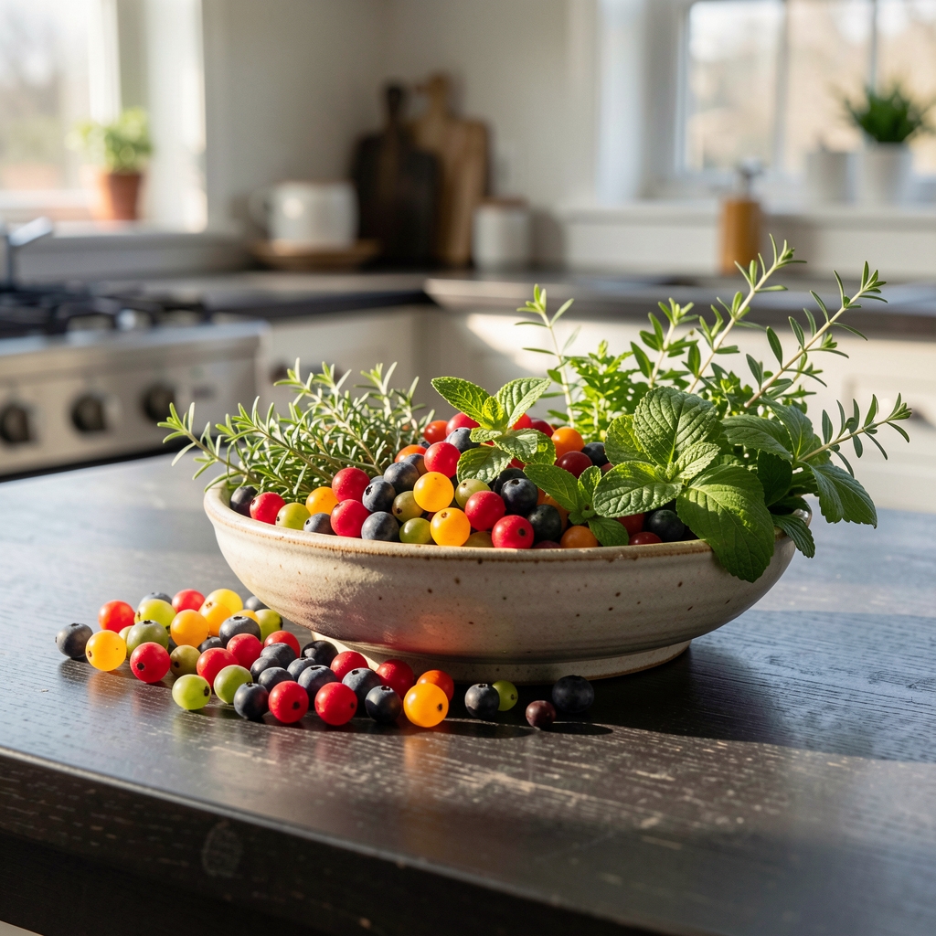 Colourful berries, leafy herbs and a ceramic bowl on a dark kitchen table with morning light