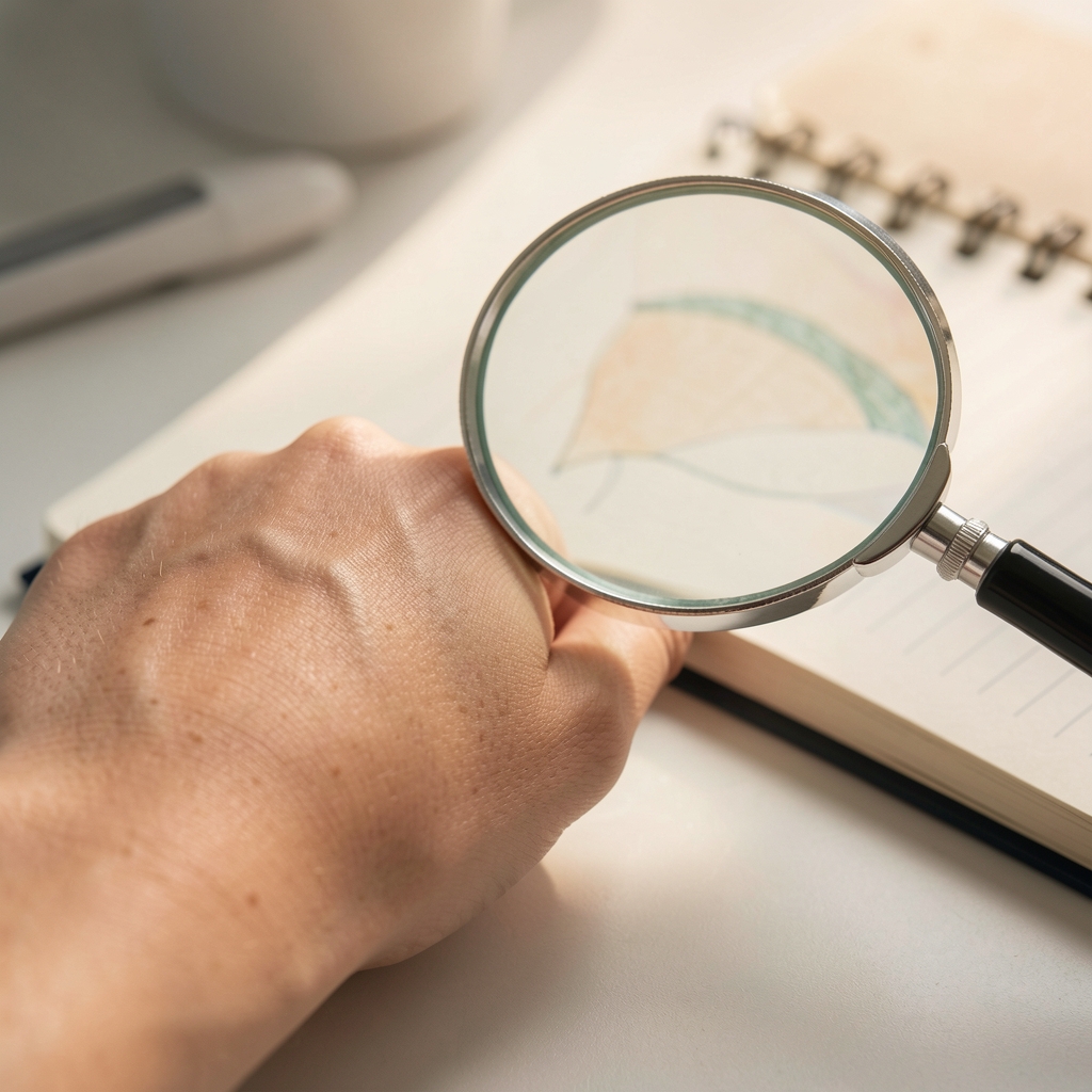 Close view of natural skin texture beside a magnifying glass and a softly lit research notebook