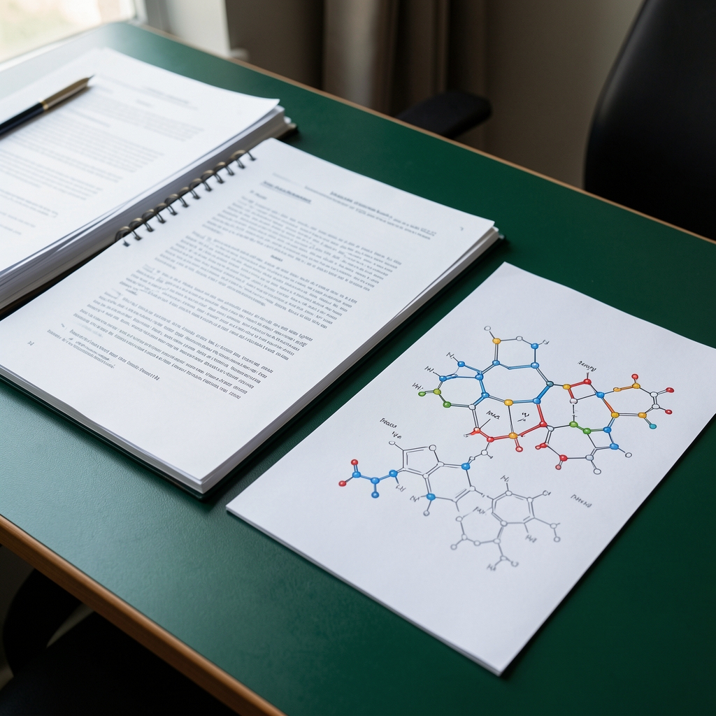 Organised research papers and a collagen structure diagram on a dark green desk