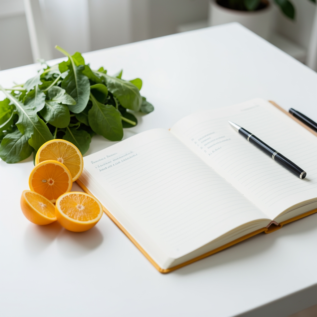 Bright citrus slices, leafy greens and an open food journal arranged on a white table