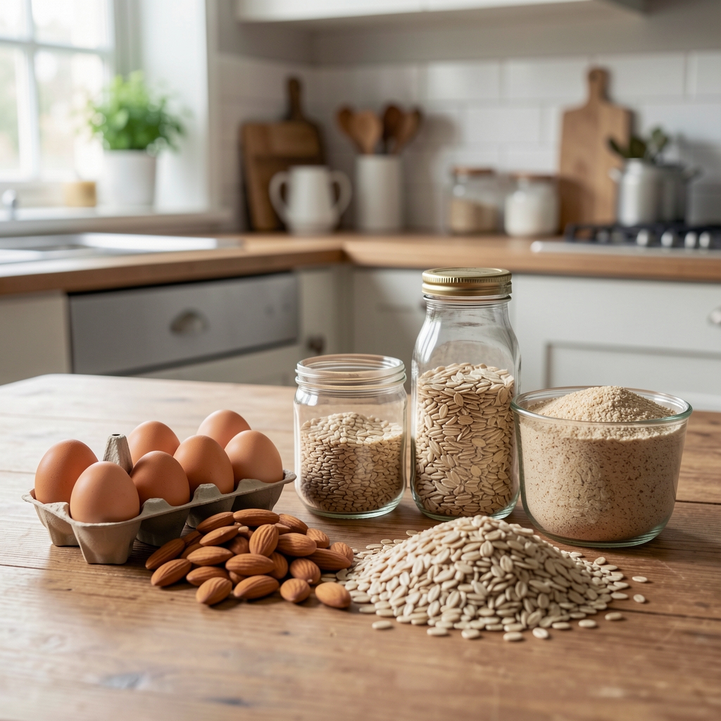 Biotin-containing foods arranged on a wooden kitchen table with eggs, almonds and whole grains