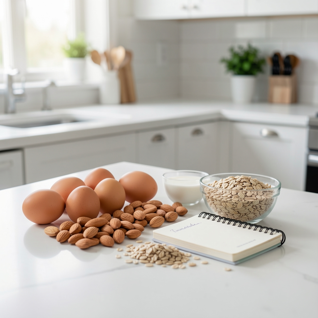 Eggs, nuts, whole grains and a small nutrition notebook arranged on a bright kitchen counter