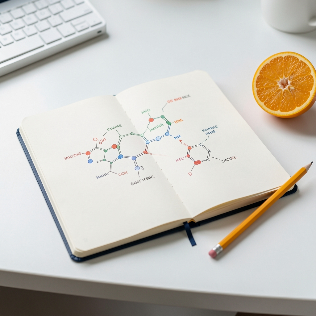 Open research notebook with protein diagram, pencil and citrus fruit on a bright desk