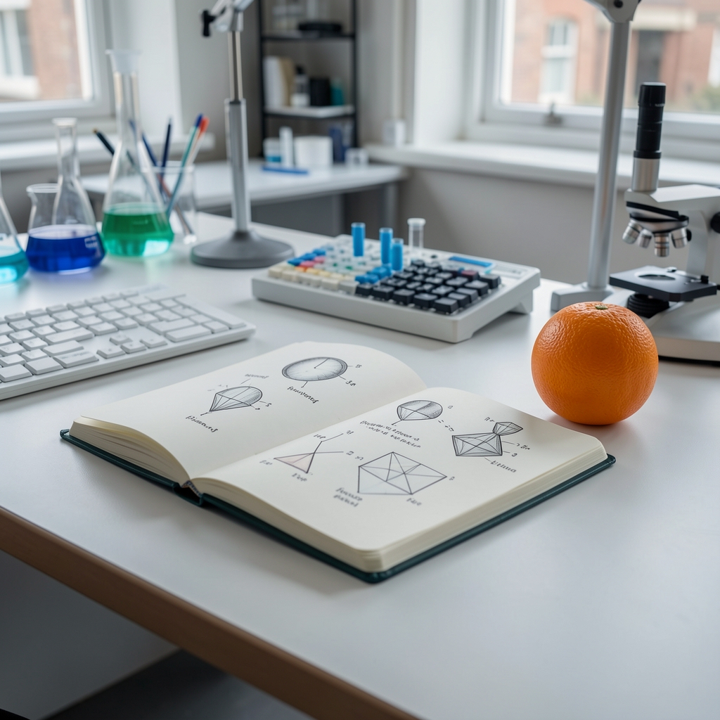 Scientific illustration notebook and citrus fruit on a clean research desk in Edinburgh