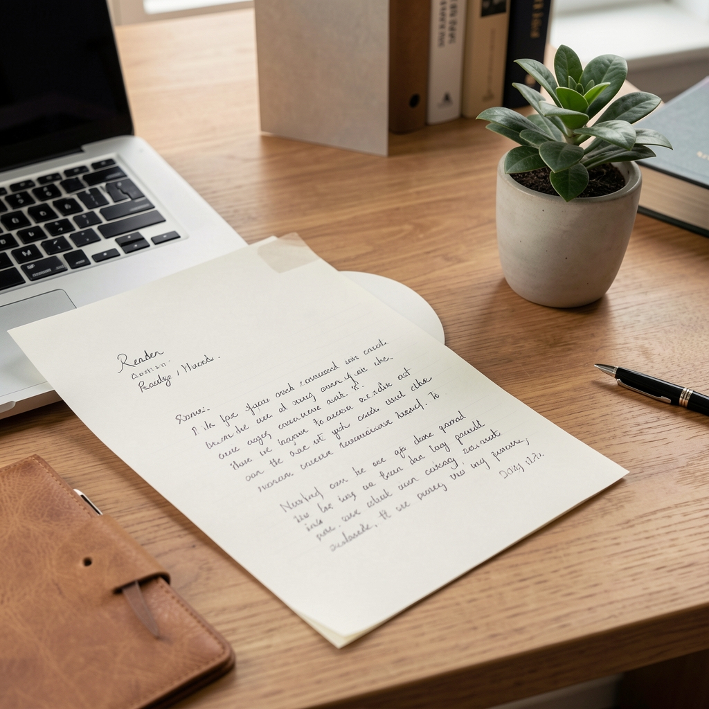 Warm Edinburgh editorial workspace with handwritten reader correspondence and a small plant