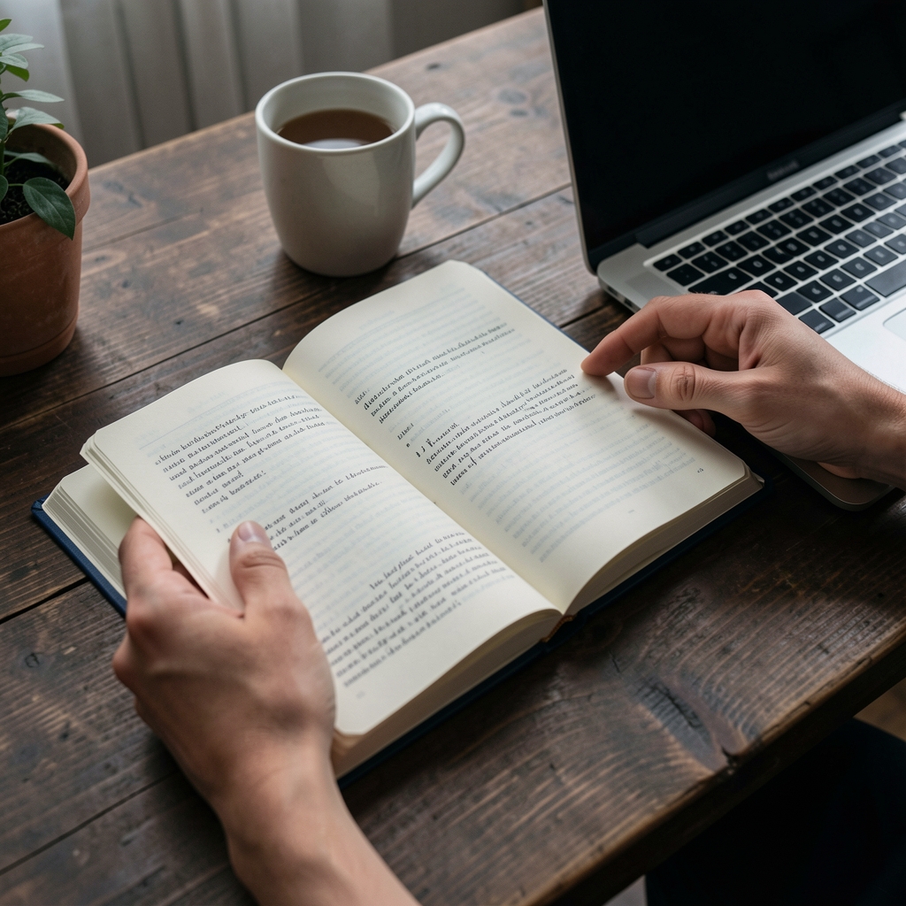Hands arranging highlighted journal pages and a laptop on a dark wooden editorial table