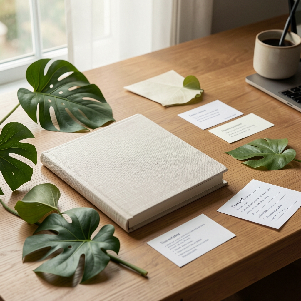 Sunlit Edinburgh reading desk with a linen notebook, botanical leaves and carefully arranged skin health notes