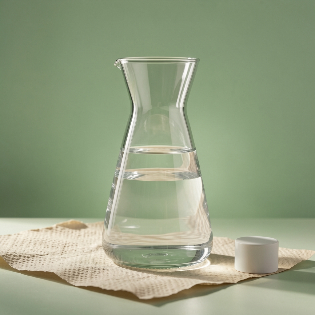 Glass water carafe, textured paper and a simple skincare still life in soft green light