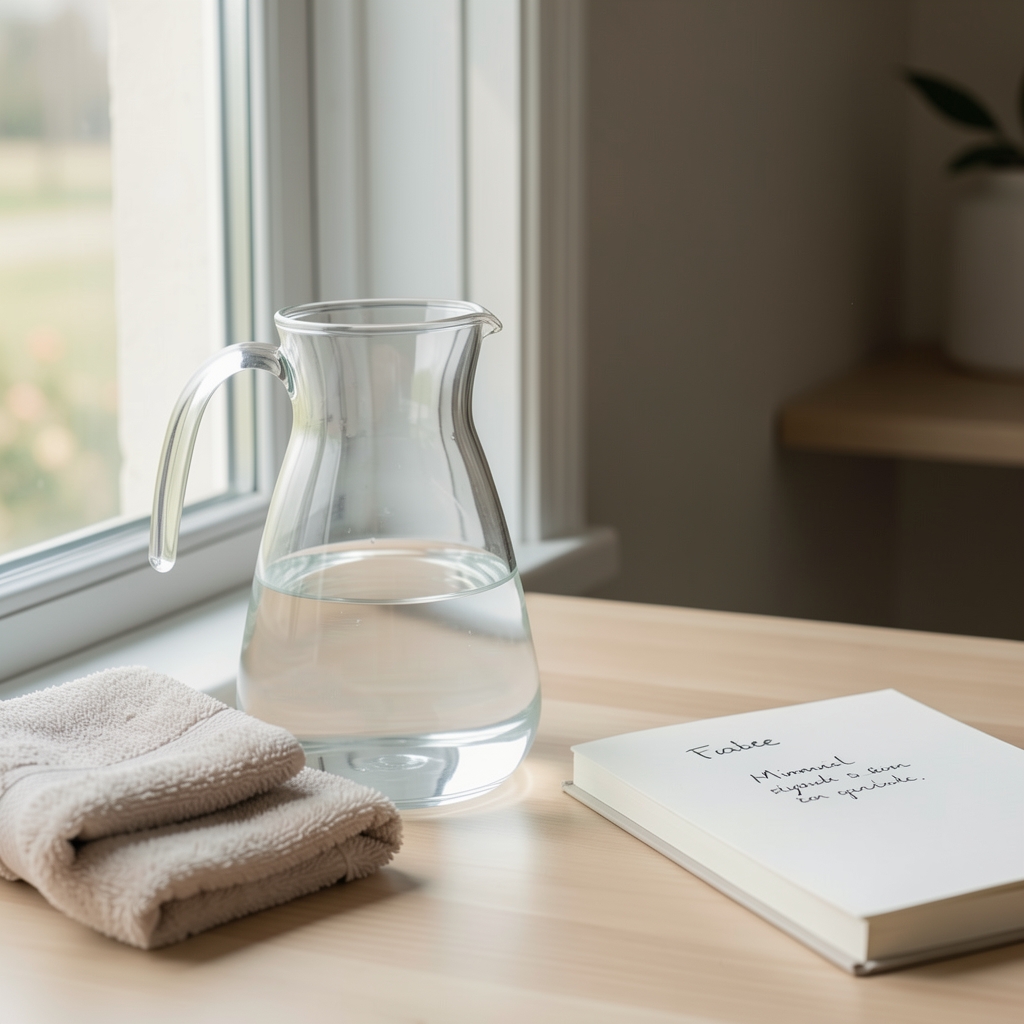 Minimal hydration routine with glass carafe, folded towel and labelled notebook beside a window