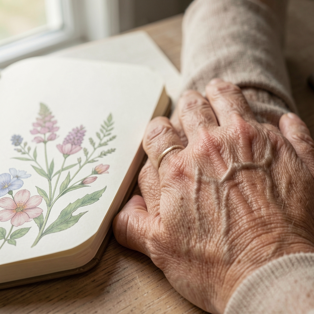 Close view of mature skin texture in soft natural window light beside a botanical notebook