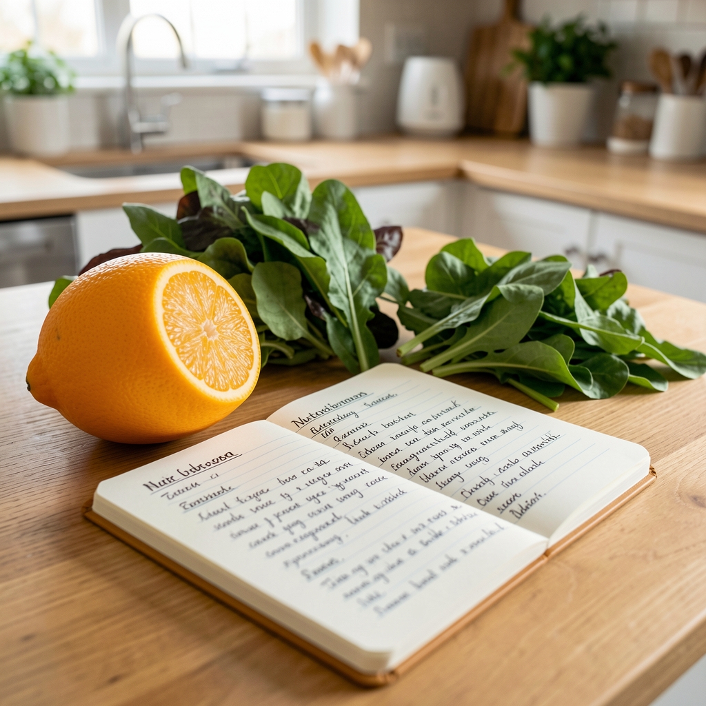 Bright citrus fruit, leafy greens and a handwritten nutrition journal on a kitchen table